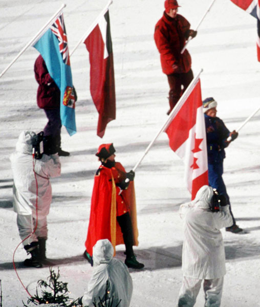 Canada's Myriam Bedard carries the flag during the closing ceremonies at the 1994 Lillehammer Winter Olympics. (CP Photo/ COA)