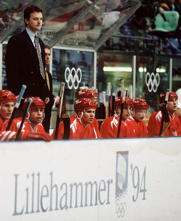 Canada's Tom Renney coaches the men's hockey team at the 1994 Winter Olympics in Lillehammer. (CP Photo/COA/Claus Andersen)