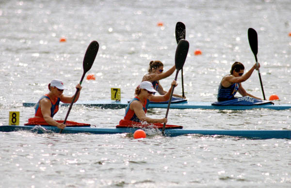Canada's Corrina Kennedy and Marie Jose Gibeau (8) compete in the 2x kayak event at the 1996 Atlanta Olympic Games. (CP Photo/COA/Mike Ridewood)