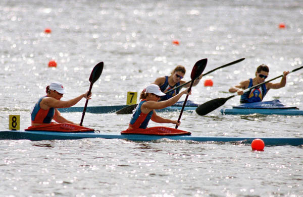Canada's Corrina Kennedy and Marie Jose Gibeau (8) compete in the 2x kayak event at the 1996 Atlanta Olympic Games. (CP Photo/COA/Mike Ridewood)
