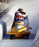 Canada's Pierre Lueders, Dave MacEachern, Jack Pyk and Pascal Caron compete in the four man bobsleigh event at the 1994 Lillehammer Winter Olympics. (CP PHOTO/ COA)
