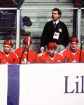Canada's Wally Schreiber (left) participates in hockey action against Sweden at the 1994 Winter Olympics in Lillehammer. (CP Photo/COA/Claus Andersen)