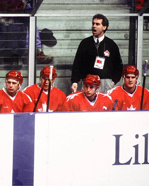 Canada's coach Tom Renney yells during hockey action at the 1994 Winter Olympics in Lillehammer. (CP Photo/COA/Claus Andersen)