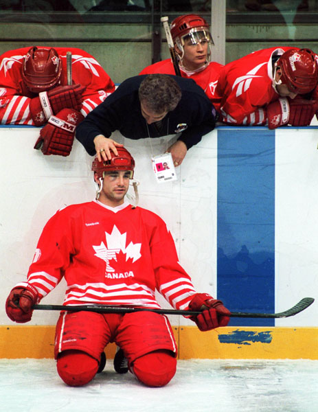 Canada's coach Tom Renney gives instructions during hockey action at the 1994 Winter Olympics in Lillehammer. (CP Photo/COA/Claus Andersen)