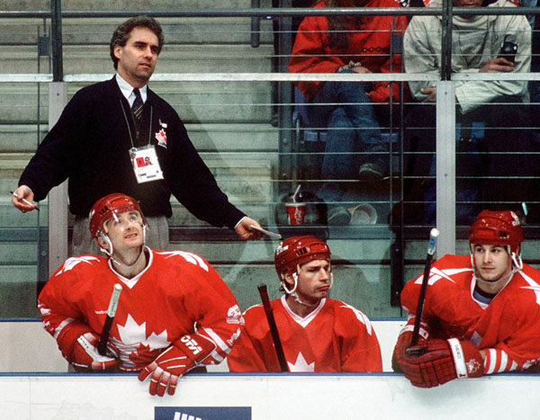 Canada's coach Tom Renney reacts during hockey action at the 1994 Winter Olympics in Lillehammer. (CP Photo/COA/Claus Andersen)