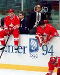 Canada's coaches Dany Dube (left) and Tom Renney review their notes during men hockey action at the 1994 Winter Olympics in Lillehammer. (CP Photo/COA/Claus Andersen)