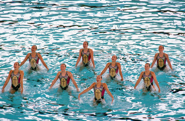 Canada's synchronized swimming team performs its routine at the 1996 Atlanta Summer Olympic Games. (CP Photo/COA/Scott Grant)