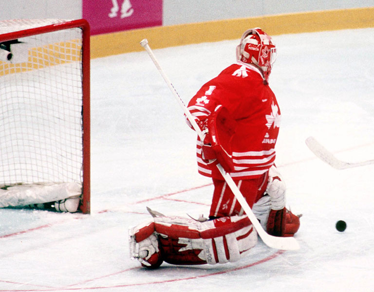 Canada's Corey Hirsch competes in hockey action at the 1994 Winter Olympics in Lillehammer. (CP Photo/COA/Claus Andersen)