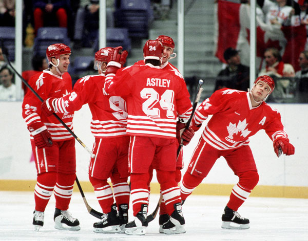 Team Canada during hockey action at the 1994 Winter Olympics in Lillehammer. (CP Photo/COA/Claus Andersen)