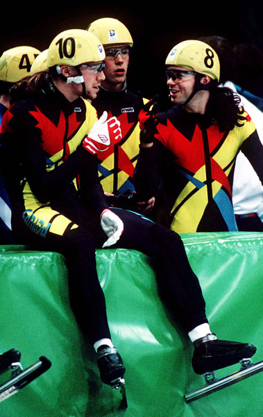 Canada's Fred Blackburn (8) and Marc Gagnon (10) participate in the short track speed skating event at the 1994 Lillehammer Winter Olympics. (CP Photo/ COA/F. Scott Grant)