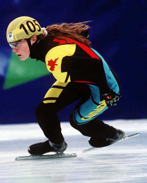 Canada's Christine Boudrias competes in the short track speed skating event at the 1994 Lillehammer Winter Olympics. (CP Photo/ COA/F. Scott Grant)