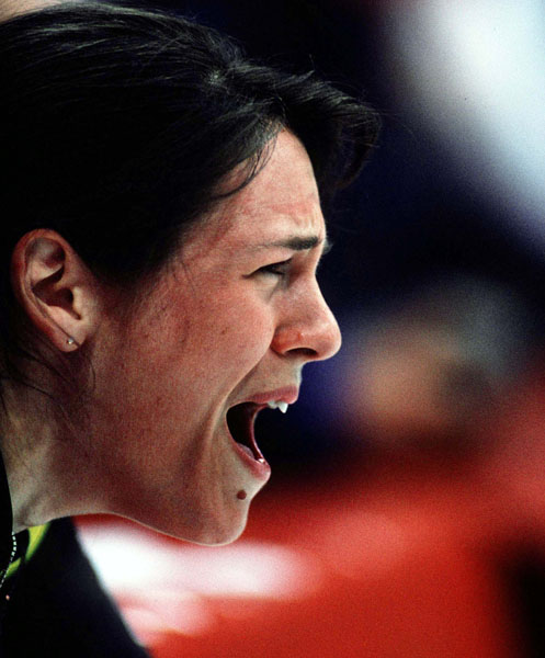 Canada's Isabelle Charest encourages teammates during the short track speed skating event at the 1994 Lillehammer Winter Olympics. (CP Photo/ COA/F. Scott Grant)
