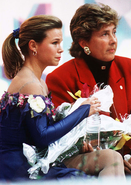 Canada's Jose Chouinard and coach Marilyn Dunwoodie wait for her figure skating scores at the 1994 Lillehammer Winter Olympics. (CP PHOTO/ COA)