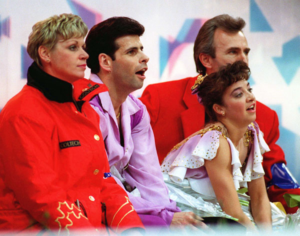 Canada's Isabelle Brasseur and Lloyd Eisler await their score in the pairs figure skating event at the 1994 Lillehammer Winter Olympics. (CP Photo/COA/F. Scott Grant)