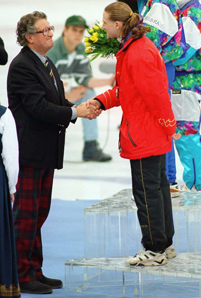 Canada's Marc Gagnon celebrates his bronze medal win in the men's speed skating event at the 1994 Lillehammer Winter Olympics. (CP Photo/COA/F. Scott Grant)