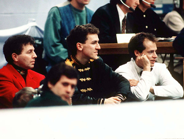 (From left to right) Canada's Doug Leigh, Elvis Stojko and Kurt Browning watch the action at the 1994 Lillehammer Winter Olympics. (CP Photo/COA/F. Scott Grant)