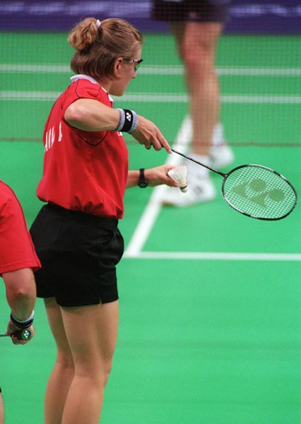 Canada's Milane Cloutier prepares to serve the birdie at the 2000 Sydney Olympic Games. (CP Photo/ COA)