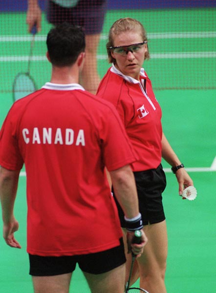 Canada's Milane Cloutier and Bryan Moody play a round of mixed doubles badminton at the 2000 Sydney Olympic Games. (CP Photo/ COA)