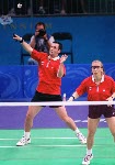 Canada's Milaine Cloutier and Bryan Moody play a set of mixed doubles badminton at the 2000 Sydney Olympic Games. (CP Photo/ COA)