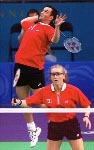 Canada's Milaine Cloutier competes in the mixed doubles badminton event at the 2000 Sydney Olympic Games. (CP Photo/ COA)