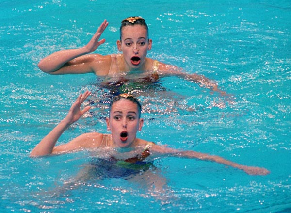 Canada's Claire Carver-Dias (front) and Fanny Letourneau compete in the synchronized swimming portion of the 2000 Sydney Olympic Games. (CP Photo/ COA)