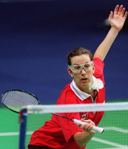 Canada's Robbyn Hermitage playing badminton during the women's doubles portion of the 2000 Sydney Olympic Games. (CP Photo/ COA)