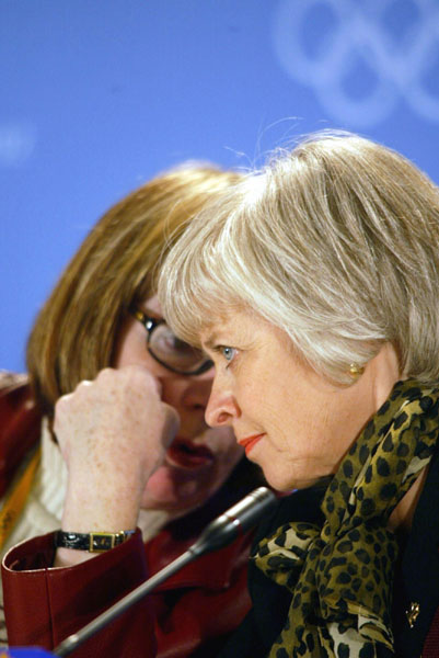 Marilyn Chidlow (right) Director General of Skate Canada talks with Canadian team Chef de Mission Sally Rehorick during a press conference at the Winter Olympics in Salt Lake City, Utah, Wed., Feb. 13, 2002. (CP Photo/COA/Mike Ridewood)