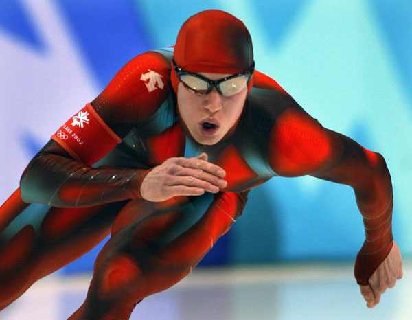 Canadian long-track speed skater Jeremy Wotherspoon  pushes hard during his 500-metre heat in Salt Lake City, Utah Tuesday Feb. 12, at the 2002 Winter Olympic Games. (CP Photo/COA/Andre Forget)
