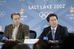 Canadian pairs skaters David Pelletier (left) and Jamie Sale at a press conference after the announcement that the pair would be given a gold medal at the Winter Olympics in Salt Lake City, Fri., Feb. 15, 2002.  (CP PHOTO/COA/Mike Ridewood)