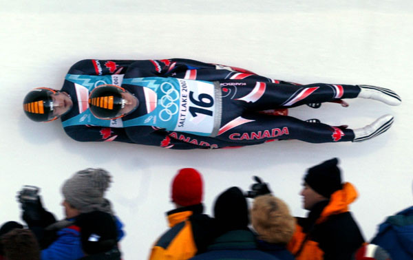 Canadian Doubles Luge team Grant Albrecht and Mike Moffat race down the track at the Utah Olympic Park in Park City, Utah Friday Feb. 15, at the 2002 Winter Olympic Games. (CP Photo/COA/ Andre Forget)