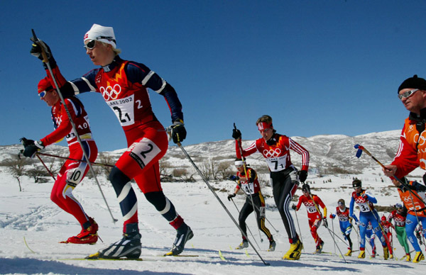 Marti Bjoergen (2) of Norway leads the pack during the Women's 4 X 5 km Cross-Country Relay in Soldier Hollow Thursday Feb. 21, at the 2002 Winter Olympic Games in Salt Lake City. Norway came in second behind Germany. On her left is Petra Majdic (10) of