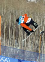 Canada's Brett Carpentier of Mont-Tremblant, Que. after his first ride in the men's halfpipe qualification at Park City at the 2002 Olympic Winter Games in Salt Lake City. (CP Photo/COA/Andre Forget).