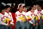 Canada's men's and women's short track speed skating relay team stand together at the 1992 Albertville Olympic winter Games. (CP PHOTO/COA/Ted Grant)