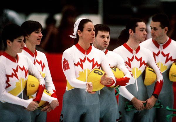 Canada's men's and women's short track speed skating relay team stand together at the 1992 Albertville Olympic winter Games. (CP PHOTO/COA/Ted Grant)