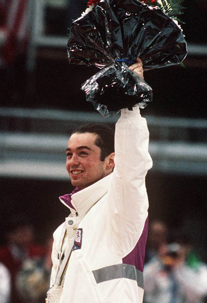 Canada's Frederic Blackburn celebrates after winning the silver medal in a men's short track speed skating event at the 1992 Albertville Olympic winter Games. (CP PHOTO/COA/Ted Grant)