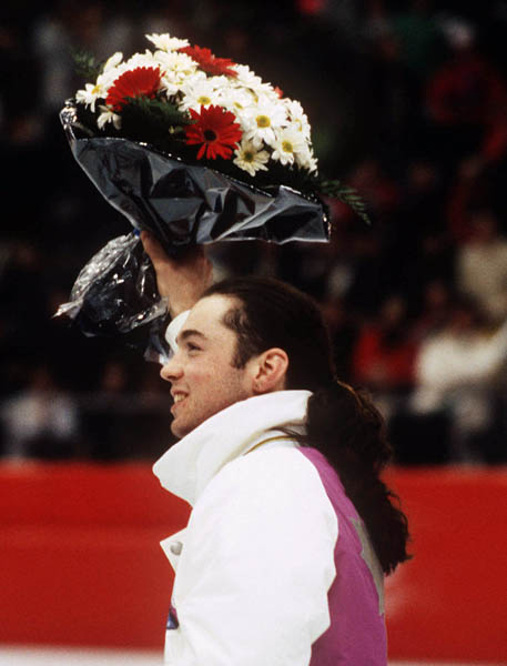 Canada's Frederic Blackburn celebrates after winning the silver medal in a men's short track speed skating event at the 1992 Albertville Olympic winter Games. (CP PHOTO/COA/Ted Grant)