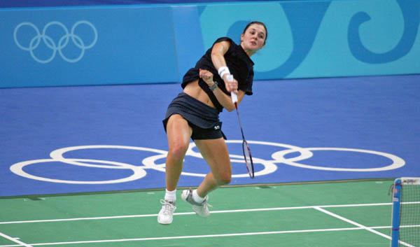 Anna Rice of Vancouver returns a shot during badminton training for the summer Olympics in Athens, Greece on Tuesday Aug. 10, 2004. (CP PHOTO/COC-Mike Ridewood)