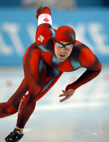 Canadian long-track speed skater Patrick Bouchard skates his 500-metre in Salt Lake City, Utah Tuesday Feb. 12, at the 2002 Olympic Winter Games. (CP Photo/COA/Andre Forget).