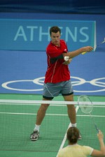Canada's 2004 badminton team at the Olympic Games in Athens.  Top (left to right): Philippe Bourret and Mike Beres.  Front (left to right): Jean-Paul Girard (coach), Charmaine Reid, Jody Patrick, Helen Nichol, Anna Rice, Denyse Julien, and Martha Deacon (team leader).(CP PHOTO)2004(COC-Mike Ridewood)
