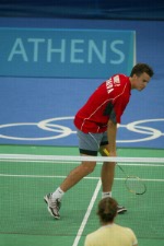 Canada's 2004 badminton team at the Olympic Games in Athens.  Top (left to right): Philippe Bourret and Mike Beres.  Front (left to right): Jean-Paul Girard (coach), Charmaine Reid, Jody Patrick, Helen Nichol, Anna Rice, Denyse Julien, and Martha Deacon (team leader).(CP PHOTO)2004(COC-Mike Ridewood)