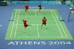 Denyse Julien (left) and Anna Rice (right) during a badminton training for the summer Olympic Games in Athens, Greece, Tuesday, August 10, 2004. (CP PHOTO/COC-Mike Ridewood)