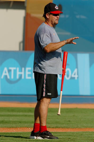 Ernie Whitt, head coach of the Canadian Baseball team calls out during practice at the Athens 2004 Summer Olympic Games August 12, 2004. (CP PHOTO 2004/Andre Forget/COC)