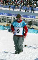 Canada's Brett Carpentier of Mont-Tremblant, Que. after his first ride in the men's halfpipe qualification at Park City at the 2002 Olympic Winter Games in Salt Lake City. (CP Photo/COA/Andre Forget).