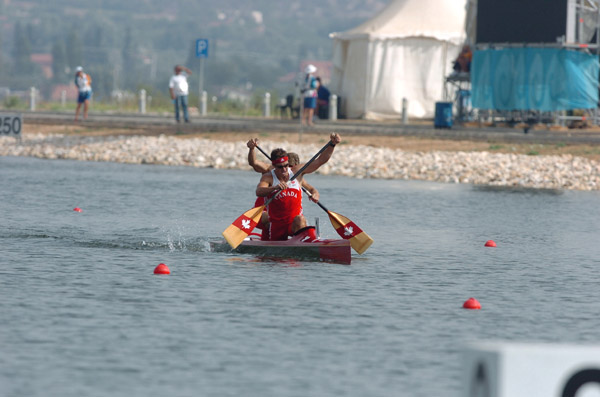 Canada's Richard Dalton (front) of Halifax, Nova Scotia and Michael Scarola of Waverley, Nova Scotia, race in the K2 1000m final during the Athens 2004 Summer Olympic Games Tuesday Friday August 27, 2004. The pair finished in sixth place. (CP PHOTO/COC-Andre Forget)