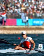 Canada's Caroline Brunet of Montreal, Quebec points to her coach after racing in the K1 500m heat during the Athens 2004 Summer Olympic Games  Thursday August 24, 2004. Brunet placed first in the heat.(CP PHOTO/COC-Andre Forget)