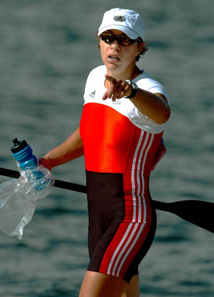Canada's Caroline Brunet of Montreal, Quebec points to her coach after racing in the K1 500m heat during the Athens 2004 Summer Olympic Games  Tuesday August 24, 2004. Brunet placed first in the heat.(CP PHOTO/COC-Andre Forget)