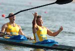 Sweden's Markus Oscarsson (front) and his team mate Henrik Nilsson celebrate their gold medal run during the K2 1000m final during the Athens 2004 Summer Olympic Games on Friday, August 27, 2004. (CP PHOTO/COC-Andre Forget)
