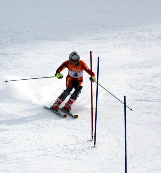 Canadian Jean-Philippe Roy races down the Slalom course during the Men's Combined in Snow Basin, Wednesday Feb. 13, at the 2002 Olympic Winter  Games. (CP Photo/COA/Andre Forget).
