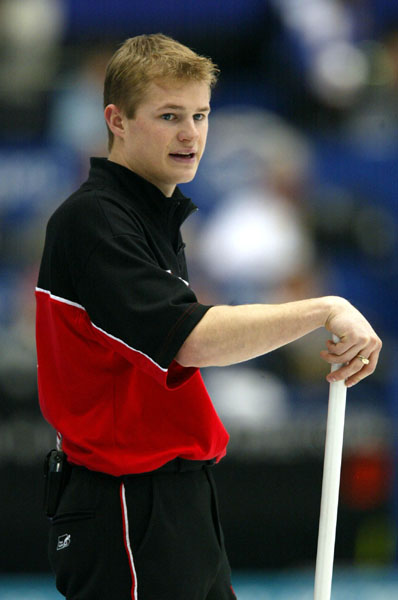 Canadian men's curling second Carter Rycroft is focused on the game. Canadian Team lost  6 - 5 in the gold medal game against Norway during the 2002 Olympic Winter Games at Ogden, Utah, Friday Feb. 22, 2002 . (CP PHOTO/COA/Mike Ridewood).