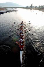 Canadian men's eight rowing team row past spectators during the final in Schinias at the 2004 Summer Olympic Games in Athens, Greece, Sunday, August 22, 2004. They went on to place fifth. (CP PHOTO/COC-Andre Forget)